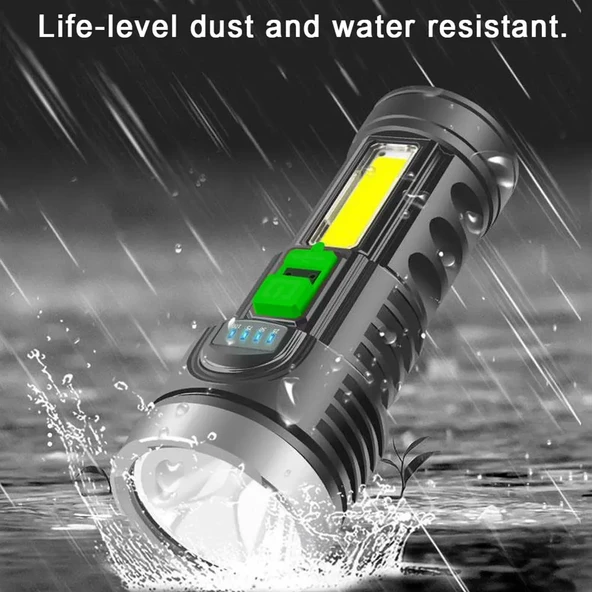 Uzun Menzilli Şarz Edilebilir El Feneri Şarjlı El Feneri 4 Modlu Su Geçirmez Usb Kablolu Cob Led 5W - 5