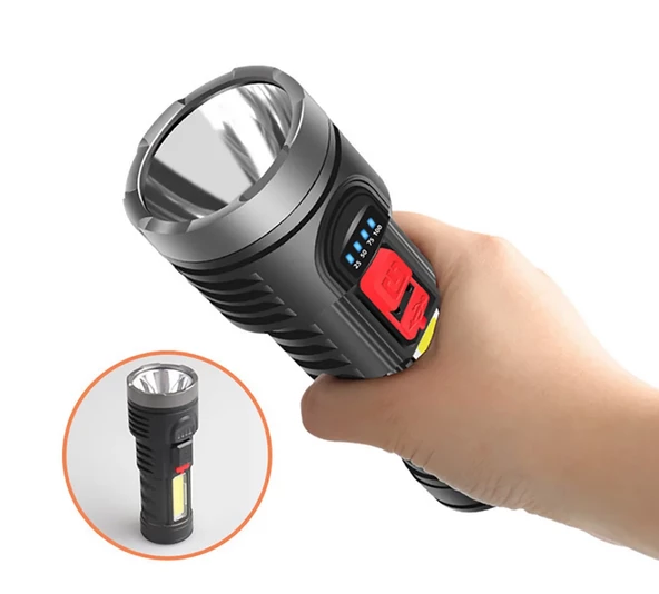 Uzun Menzilli Şarz Edilebilir El Feneri Şarjlı El Feneri 4 Modlu Su Geçirmez Usb Kablolu Cob Led 5W - 2