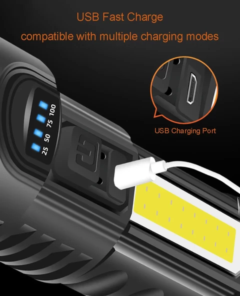 Uzun Menzilli Şarz Edilebilir El Feneri Şarjlı El Feneri 4 Modlu Su Geçirmez Usb Kablolu Cob Led 5W - 6