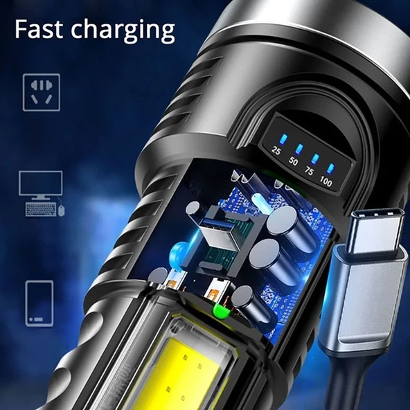 Uzun Menzilli Şarz Edilebilir El Feneri Şarjlı El Feneri 4 Modlu Su Geçirmez Usb Kablolu Cob Led 5W - 9