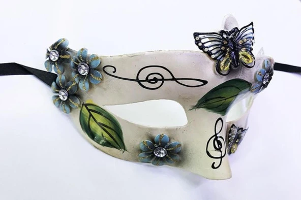 Kelebek ve Çiçek İşlemeli Venedik Maskesi Siyah Renk 10x18 cm - 3