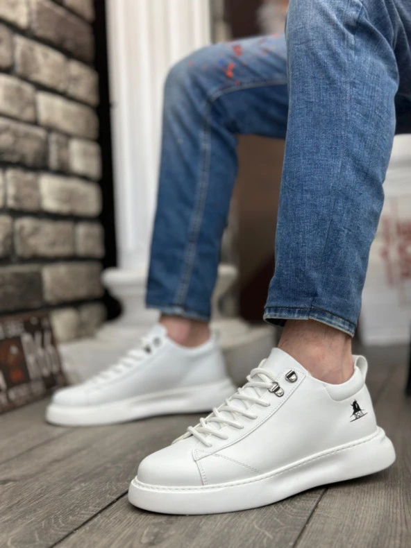BA0331 Bağcıklı Erkek Yüksek Taban Beyaz Cilt  Spor Ayakkabı - Resim 2