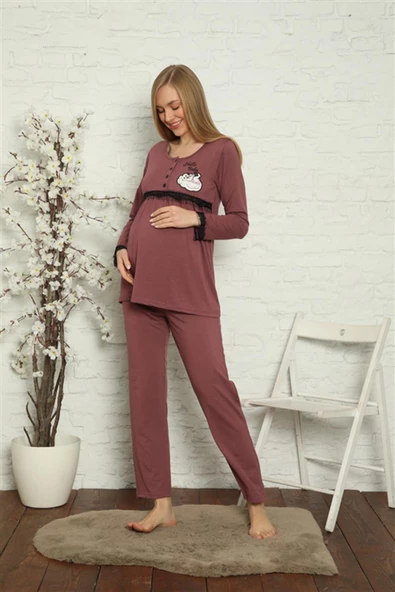 Moda Çizgi Kadın Hamile Lohusa Mürdüm  Pijama Takımı 45201 - 5