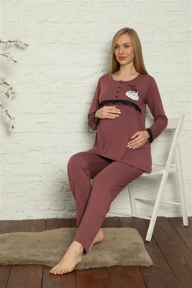 Moda Çizgi Kadın Hamile Lohusa Mürdüm  Pijama Takımı 45201 - 4