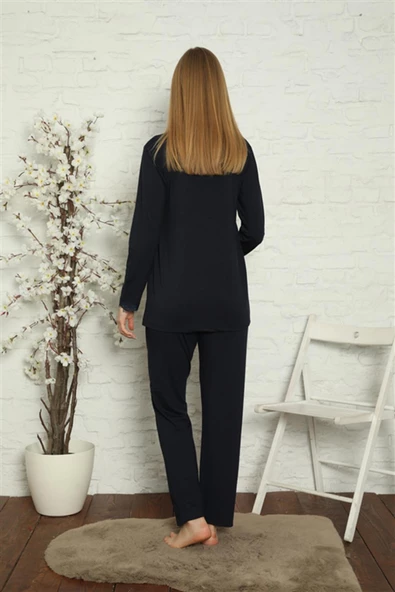 Moda Çizgi Kadın Hamile Lohusa Lacivert  Pijama Takımı 45201 - 5