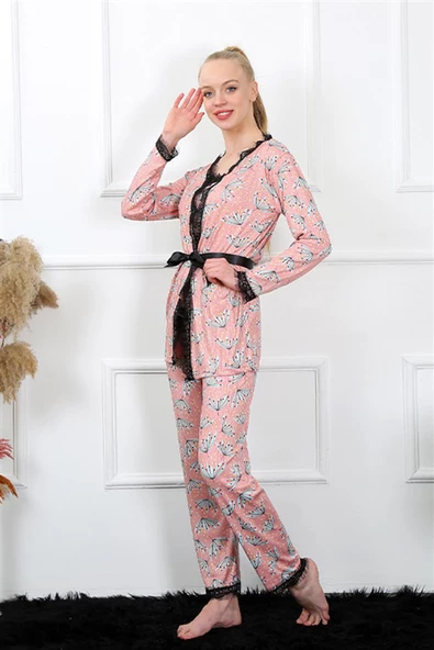 Moda Çizgi Kadın 3'lü Somon Sabahlık Pijama Takım 16103 - 3