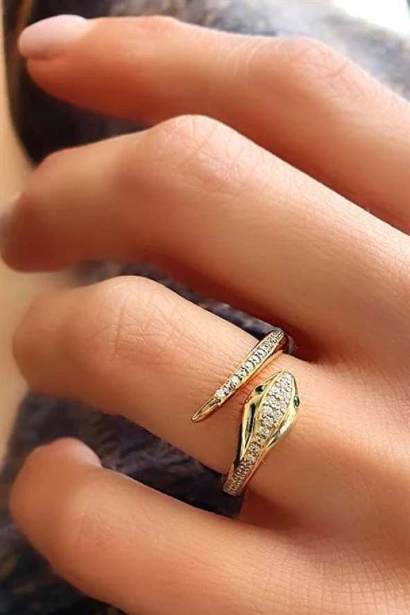 Pırlanta Parlaklığında Zirkon Taşlı 925Ayar Gümüş Üzerine Altın Kaplama Luxury Tasarım Ayarlanabilir Yılan Yüzük ürün görseli