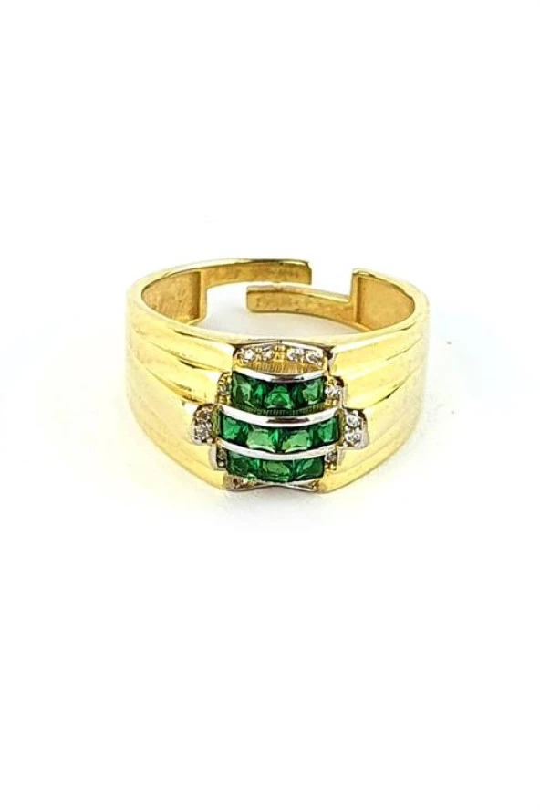Yeşil Zirkon Taşlı 925Ayar Gümüş Üzerine Altın Kaplama Luxury Tasarım Ayarlanabilir Yüzük ürün görseli