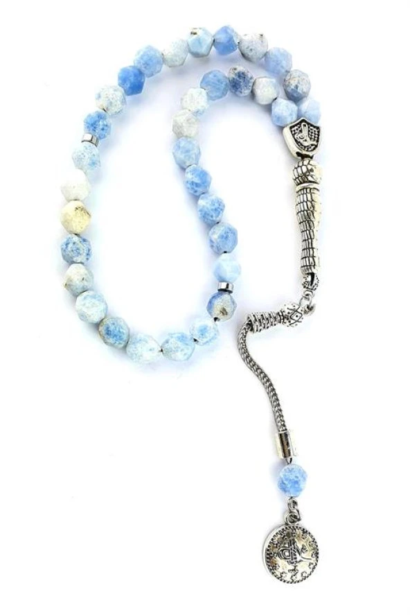 Mavi Akik Taşlı Çelik Püsküllü Tasarım Doğal Taş Tesbih