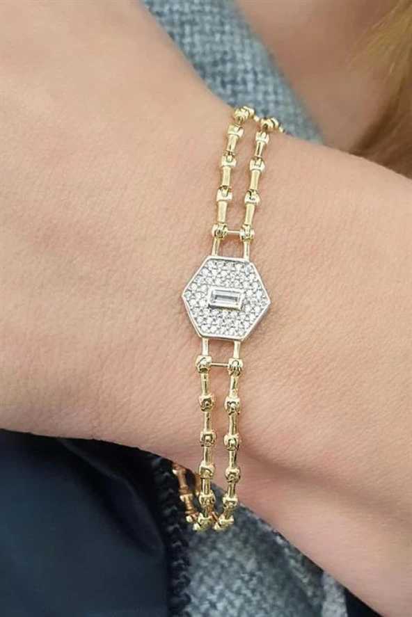 Zirkon Taşlı 925Ayar Gümüş Üzerine Altın Kaplama Luxury Tasarım Şık Bileklik ürün görseli