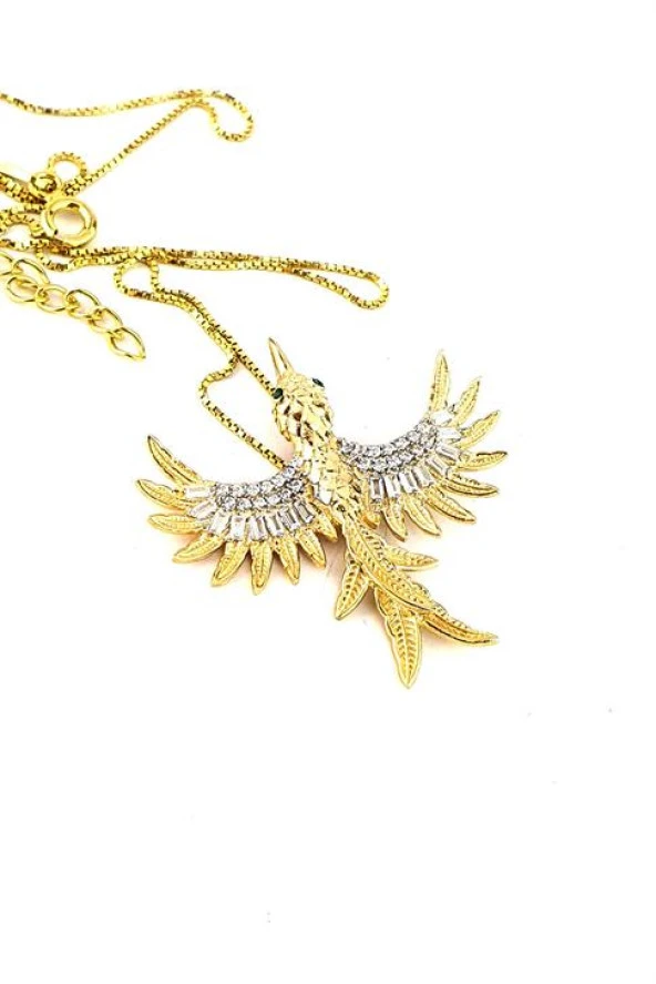 Pırlanta Parlaklığında Zirkon Taşlı 925Ayar Gümüş Üzerine Altın Kaplama Luxury Tasarım Anka Kuşu Kolye ürün görseli