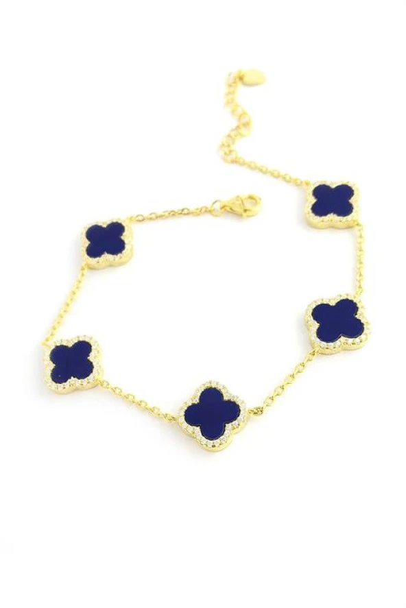 Lacivert Taşlı 925Ayar Gümüş Üzerine Altın Kaplama Beşli Yonca Bileklik ürün görseli