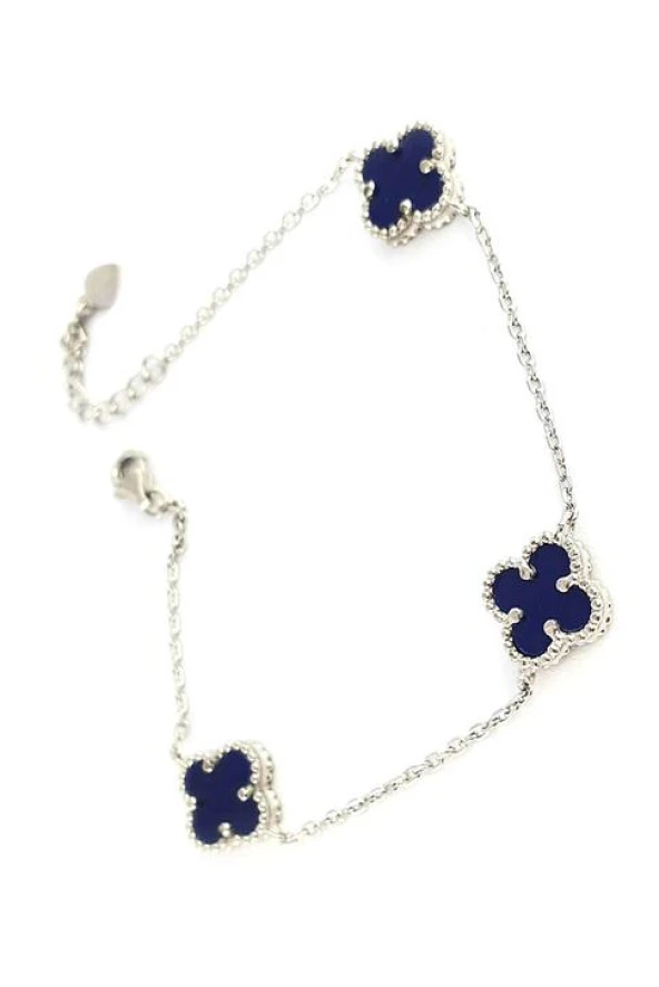 Lacivert Taşlı 925 Ayar Gümüş Üçlü Yonca Bileklik ürün görseli