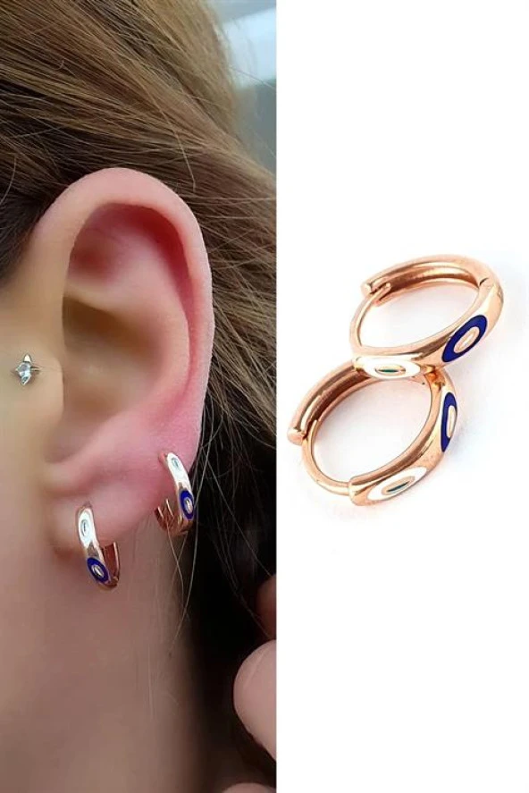 Mineli Nazar Boncuklu 925Ayar Gümüş Üzerine Rose Altın Kaplama Bonita Trend Halka Küpe ürün görseli