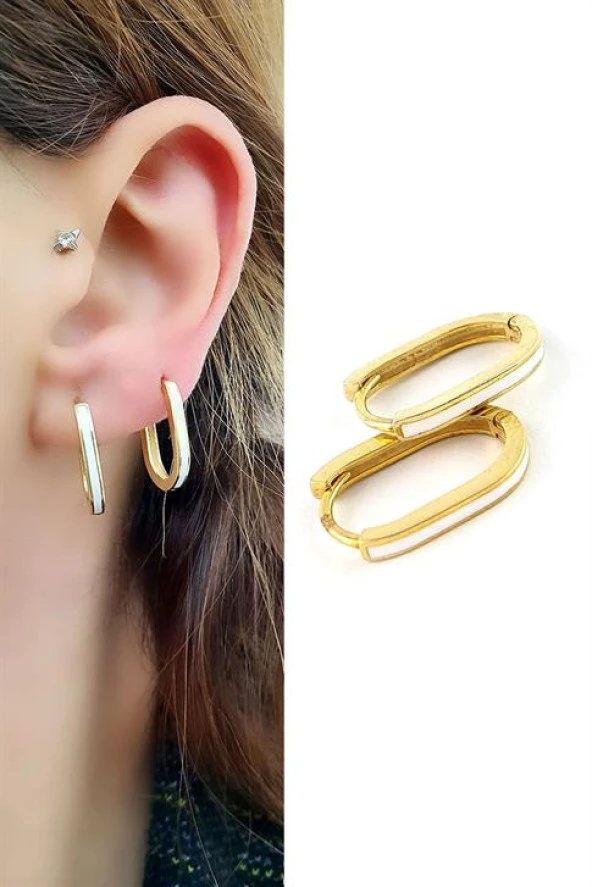 Beyaz Mineli 925Ayar Gümüş Üzerine Altın Kaplama Oval Bonita Halka Küpe ürün görseli