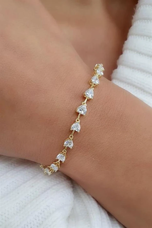 Swarovski Taşlı 925Ayar Gümüş Üzerine Altın Kaplama Kalp Su Yolu Bileklik ürün görseli