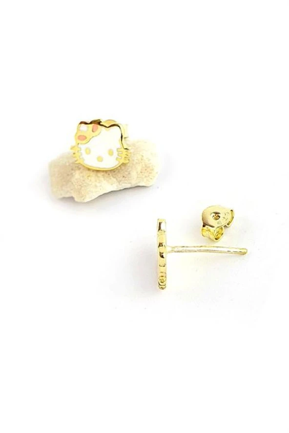 Hello Kitty 925Ayar Gümüş Üzerine Altın Kaplama Çocuk Küpesi ürün görseli