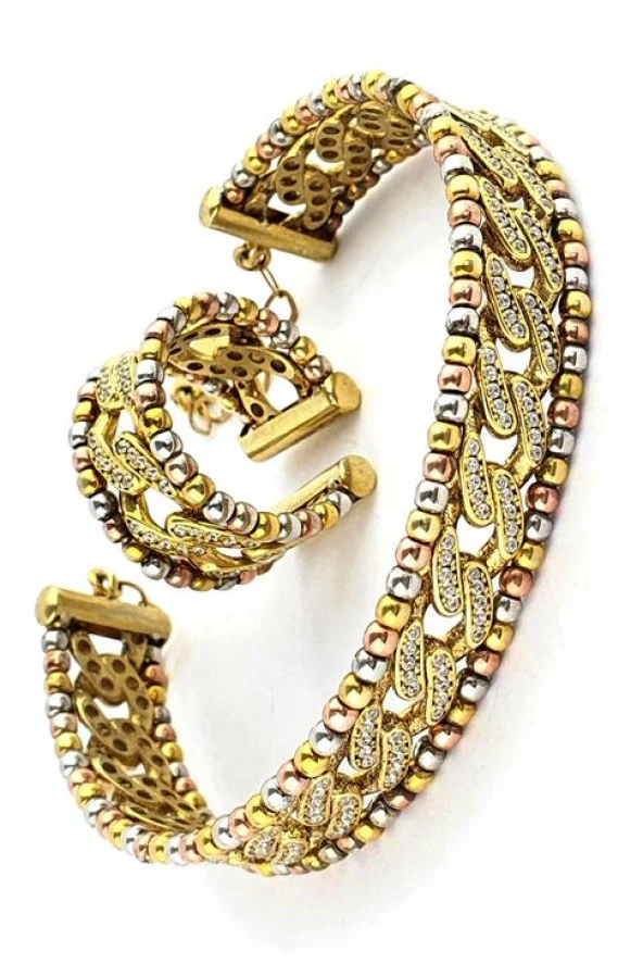 Zirkon Taş Detaylı 925Ayar Gümüş Üzerine Altın Kaplama 3 Renk Ayarlanabilir Yüzük Bileklik Takım ürün görseli