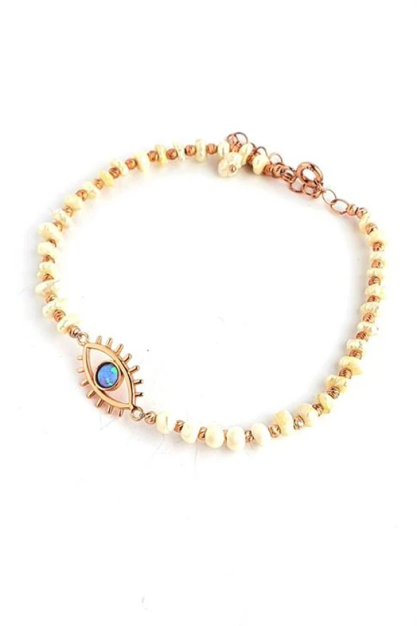 Barok İncili 925Ayar Gümüş Rose Detaylı Opal Göz Bileklik ürün görseli
