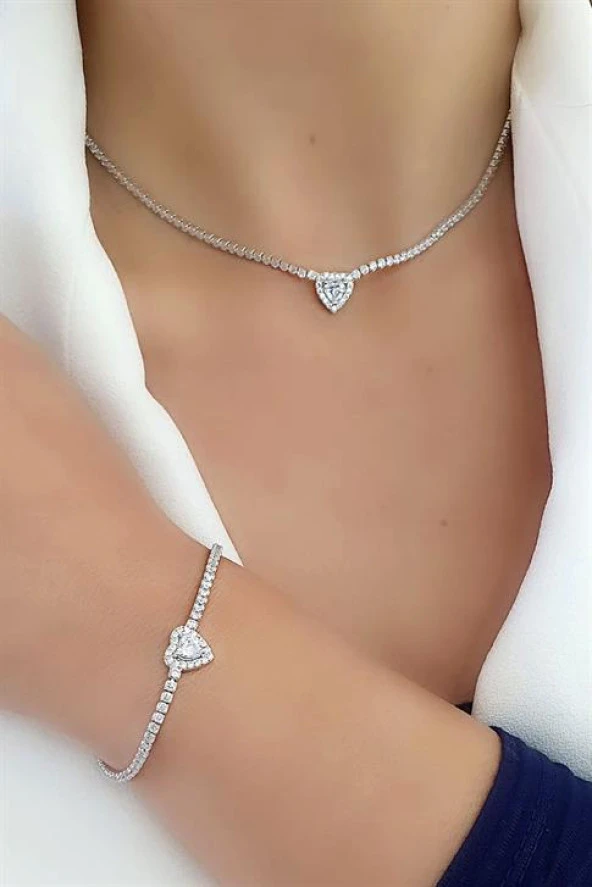 Beyaz Zirkon Taşlı 925Ayar Gümüş Su Yolu Bileklik Kolye Set Takım Kolye ürün görseli