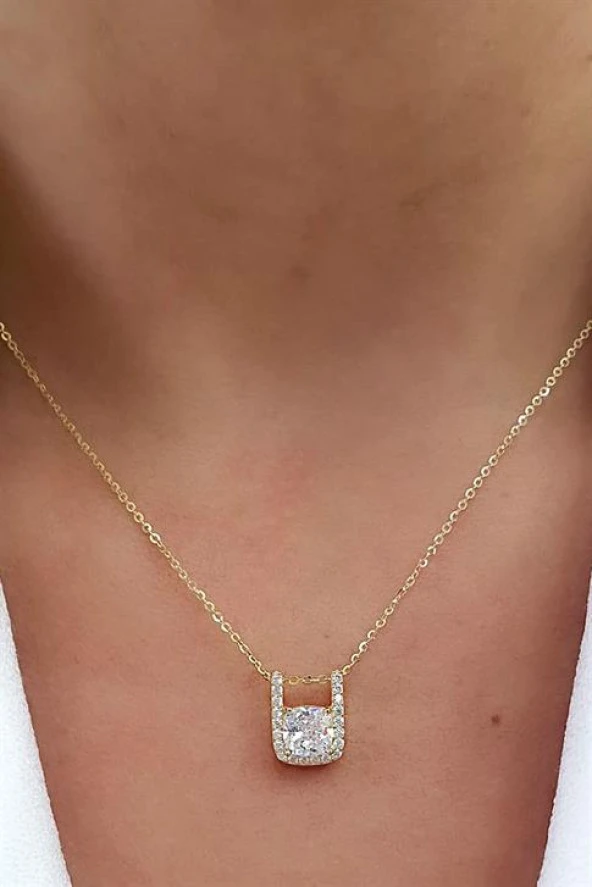 Sky Diamond Taşlı Ice Cut 925Ayar Gümüş Üzerine Altın Kaplama Tasarım Tek Taş Kolye ürün görseli