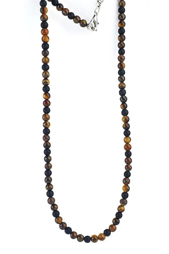 Oniks Ve Kaplan Gözü Taşlı Tasarım Doğal Taş Kolye ürün görseli