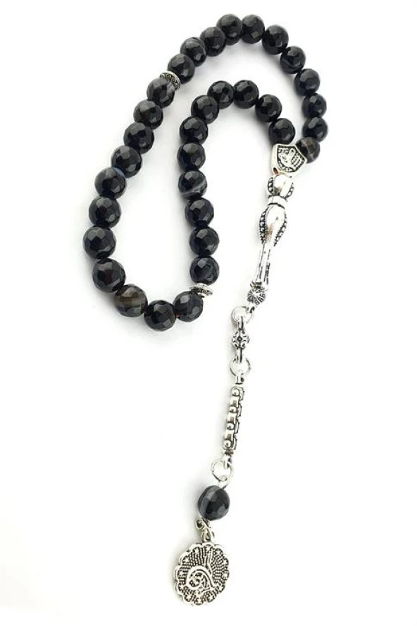 Faset Kesim Akik Taşlı Çelik Püsküllü Tasarım Doğal Taş Tesbih ürün görseli