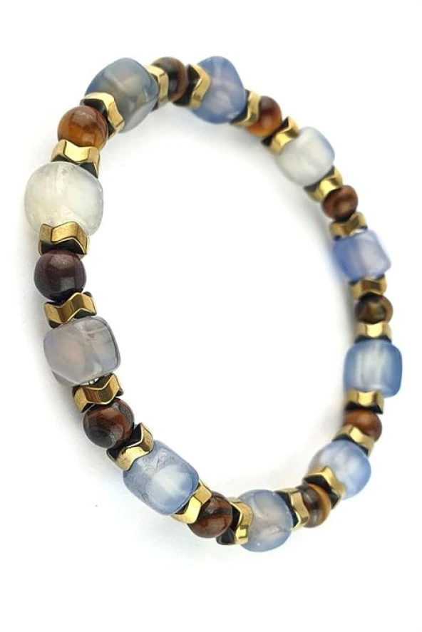 Akik Kaplan Gözü Ve Hematit Taşlı El İşi Tasarım Doğal Taş Bileklik ürün görseli