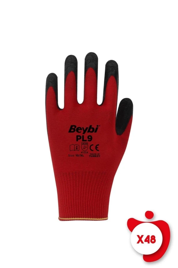 Beybi Pl9 Kırmızı-siyah Polyester Örme Tırtıklı Lateks iş Eldiveni 10 Beden 48 Çift