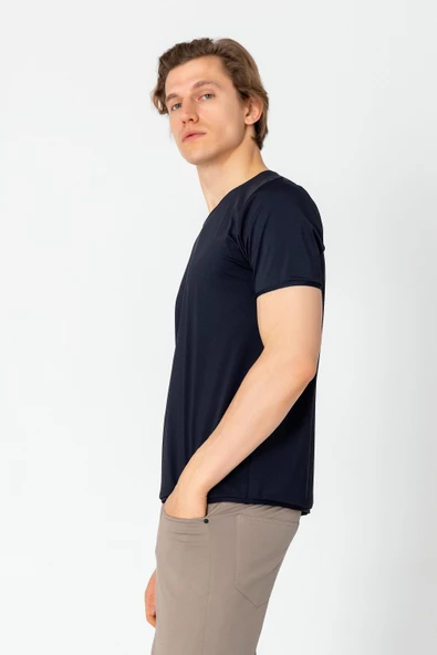 Erkek Rahat Esnek Nefes Alan Kırışmaz Bisiklet Yaka T-Shirt - 8