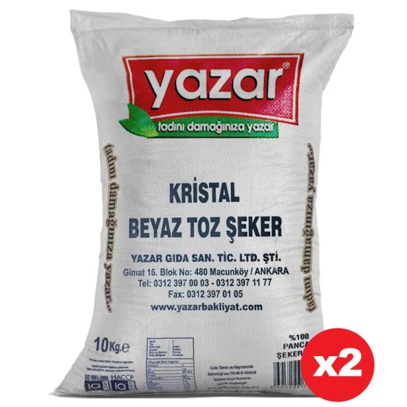 Yazar Kristal Toz Şeker 10 Kg x 2 Paket