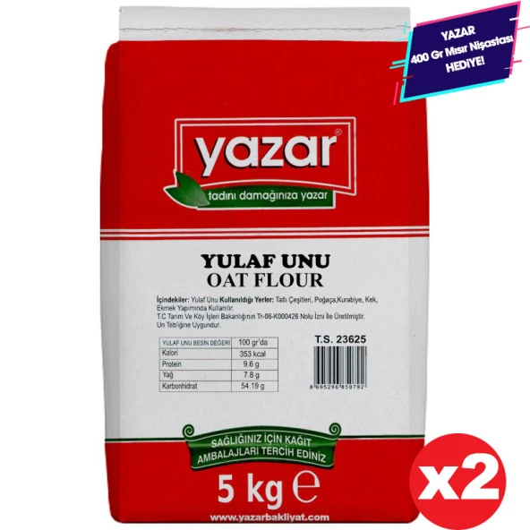 Yazar Doğal Gluten Düşük Yulaf Unu  5 Kg x 2 Paket Taş değirmende Öğütülmüş