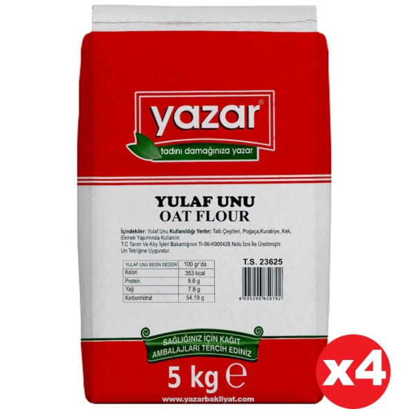 Yazar Doğal Gluten Düşük Yulaf Unu 5 Kg X 4 Paket  Taş Değirmende Öğütülmüş