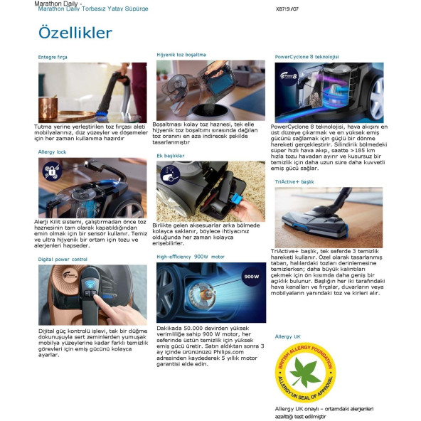 Philips Marathon Daily XB7151/07 900 W Toz Torbasız Süpürge - 6