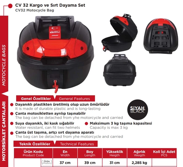 Arwic CV 32 L Kargo  ve Sırt Dayama Set  Arka Çanta Siyah - 2