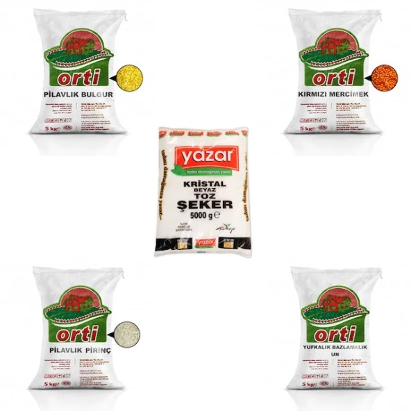 Orti 5kg K.Mercimek+5kg P.Bulgur+5kg P.Pirinç+5kg Çok Amaçlı Un+5kg Toz Şeker=25 Kg Toplam