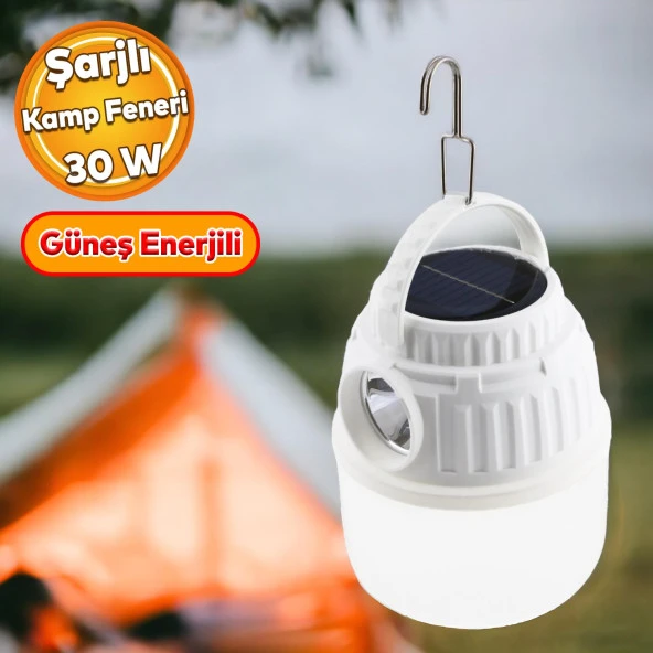 Dekoratif Kamp Lambası Led Beyaz Işıklı El Feneri Şarjlı Işıldak Portatif 30 W Şarj Güneş Enerjili