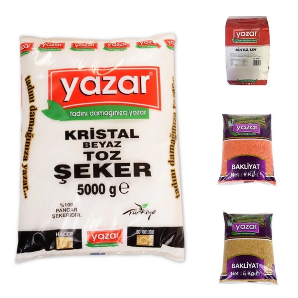 Yazar Kuru Gıda Seti 5KG Siyez Unu+5KG Pilavlık Bulg+5KG Kırmızı Merci+5KG Toz Şeker=20kg