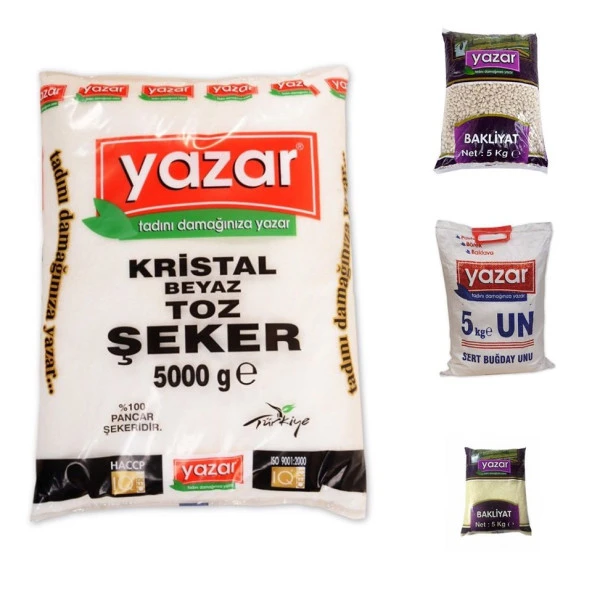 YazarKuru Gıda Seti 5kg fasulye+5kg Pilavlık Pirinç+5kg Toz Şeker+5kg Çok Amaçlı Un=20kg