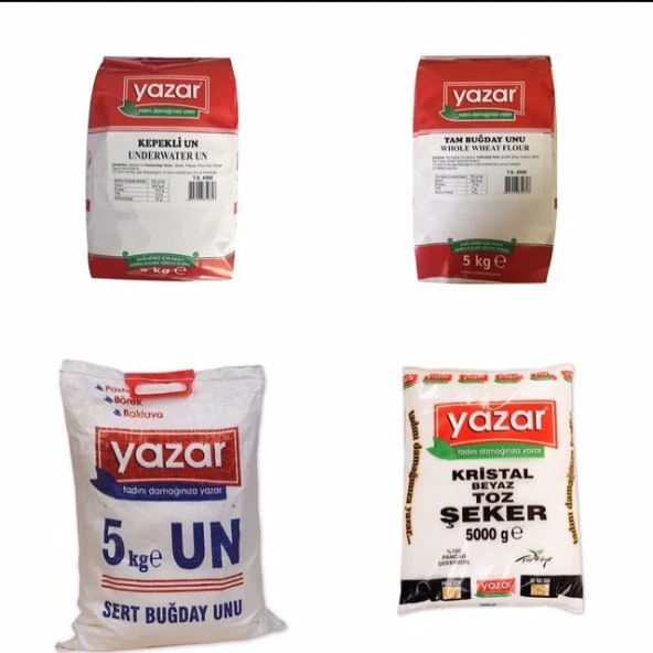 Yazar Kuru Gıda Seti 5KG Tam Buğday Un+5KG Kepekli Un+5KG Çok Amaçlı Un+5KG Toz Şeker=20Kg