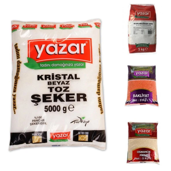 Yazar Kuru Gıda  5KG Toz Şeker+5kg Karabuğday Unu+5kg Kırmızı Merc+5kg Osmancık Pirnç=20KG