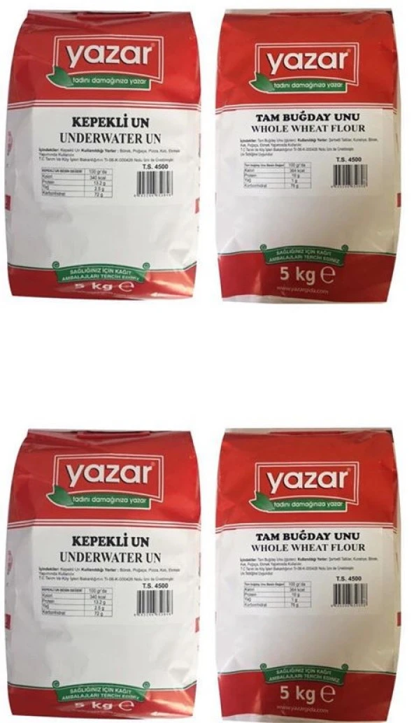 YAZAR Taş Değirmen De Öğütülmüş Tam Buğday10 kg+ Kepekli Un 10kg 4 X 5 kg