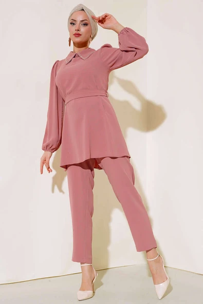 Yakası Taş Detaylı İkili Takım Pudra - Resim 2