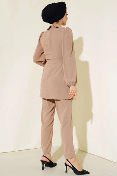 Yakası Taş Detaylı İkili Takım Vizon - Resim 3