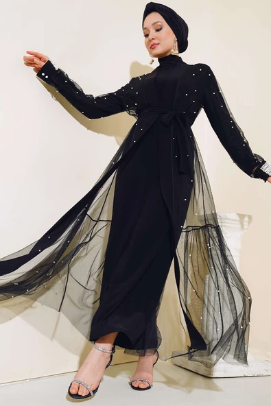 İncili Tül Abaya Takım Siyah