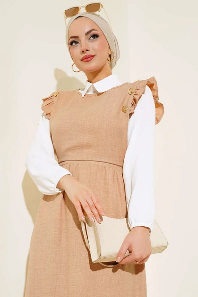 Omuz Fırfırlı İkili Takım Elbise Bej - Resim 2