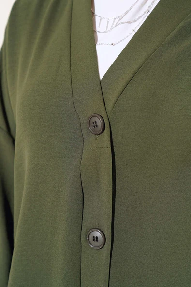 Önü Düğmeli Ayrobin Koyu Haki Uzun Hırka - Resim 4