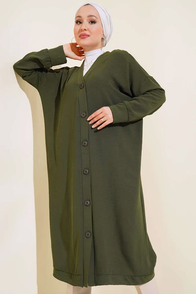 Önü Düğmeli Ayrobin Koyu Haki Uzun Hırka ürün görseli