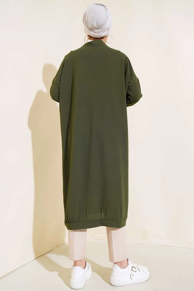 Önü Düğmeli Ayrobin Koyu Haki Uzun Hırka - Resim 3
