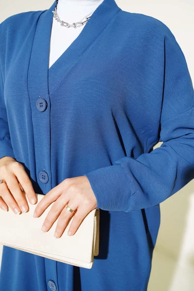 Önü Düğmeli Ayrobin İndigo Uzun Hırka - Resim 4